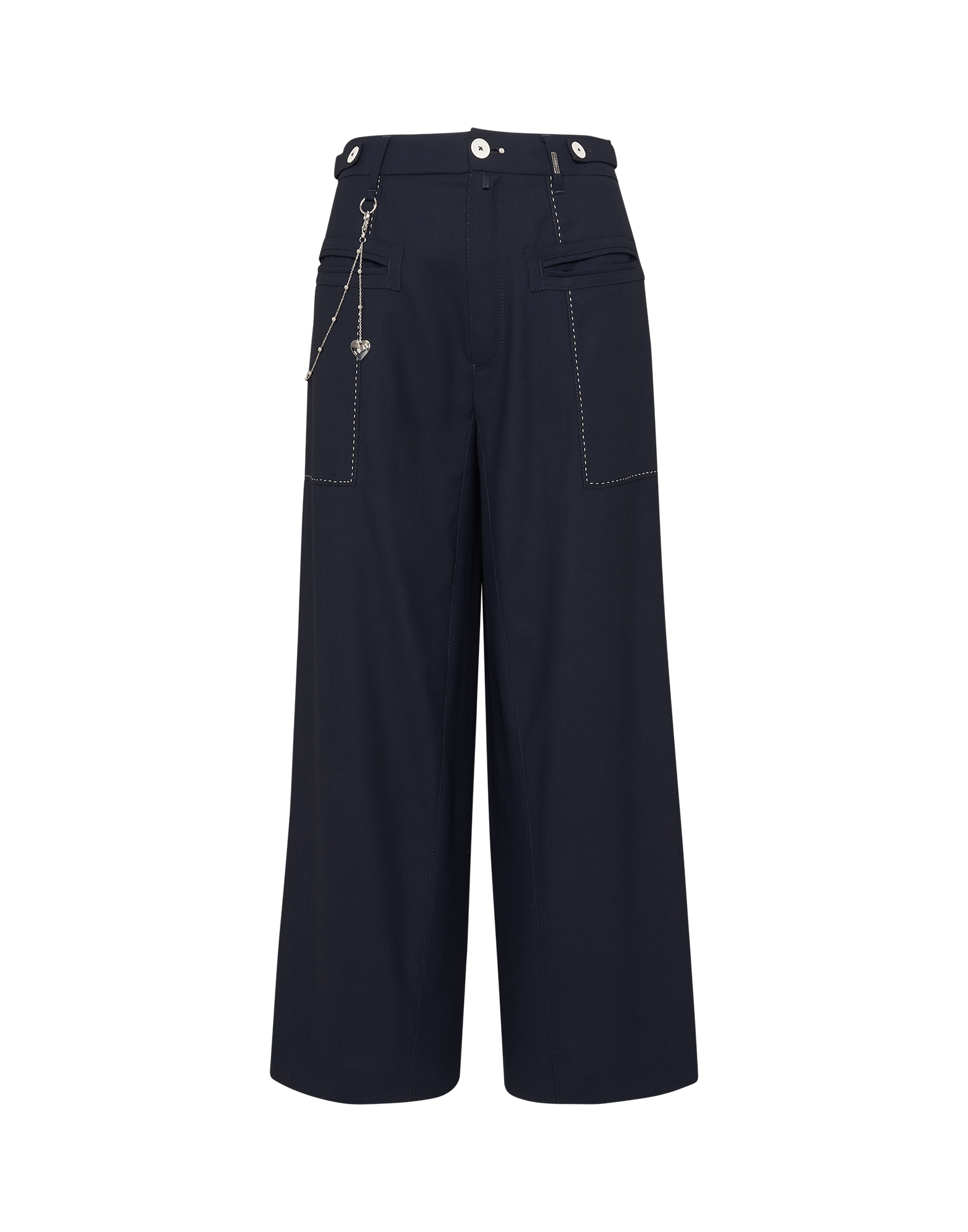 TACTFUL: Wide leg pants in navy with ivory tack stitching