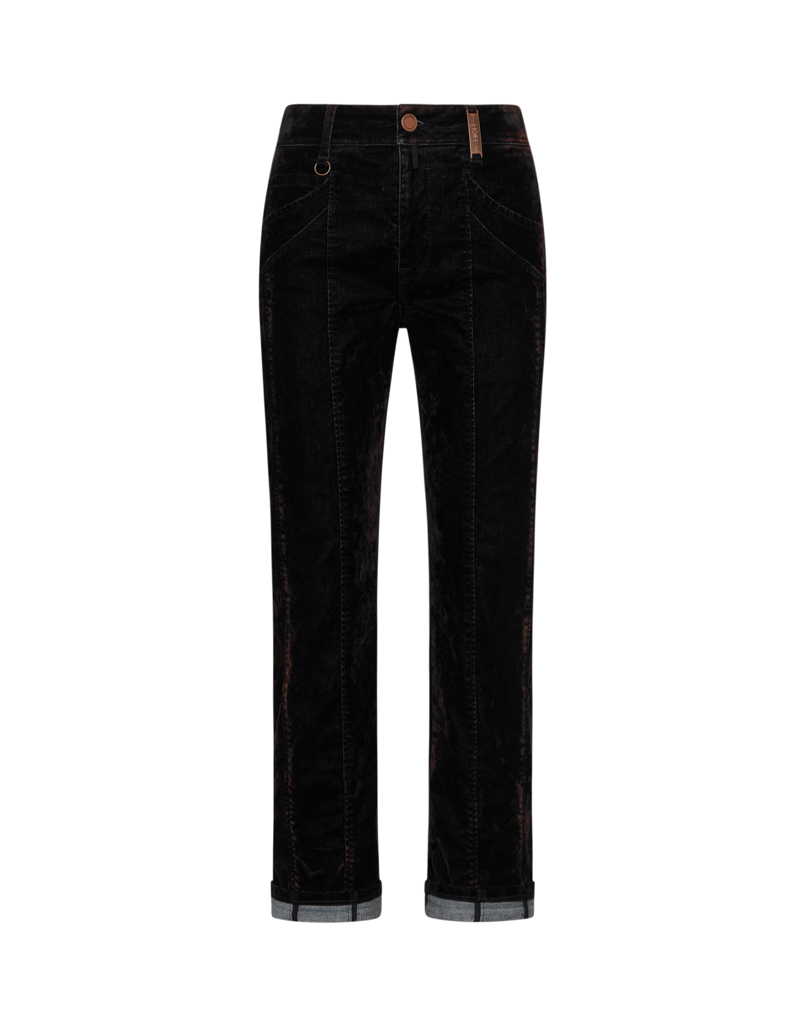 INTERUPT: Jeans mit schwarzem Samt-Flockdruck mit genähtem Bein