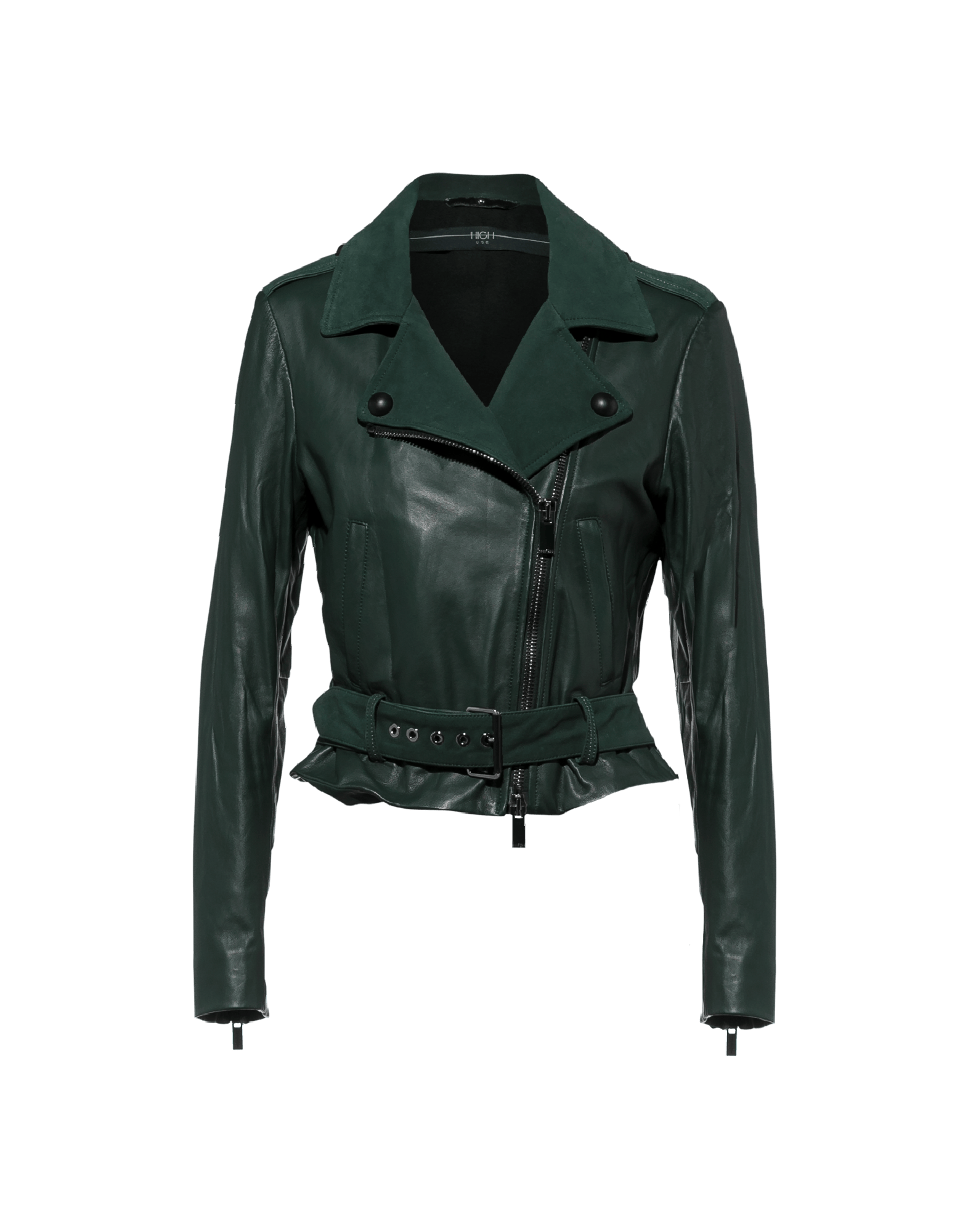 COHORT: Belted biker jacket in winter green leather and suede