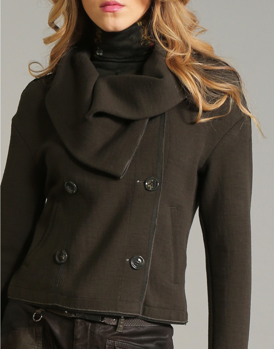 SHAMAL: Shawl collar jacket in dark olive wool mix jersey