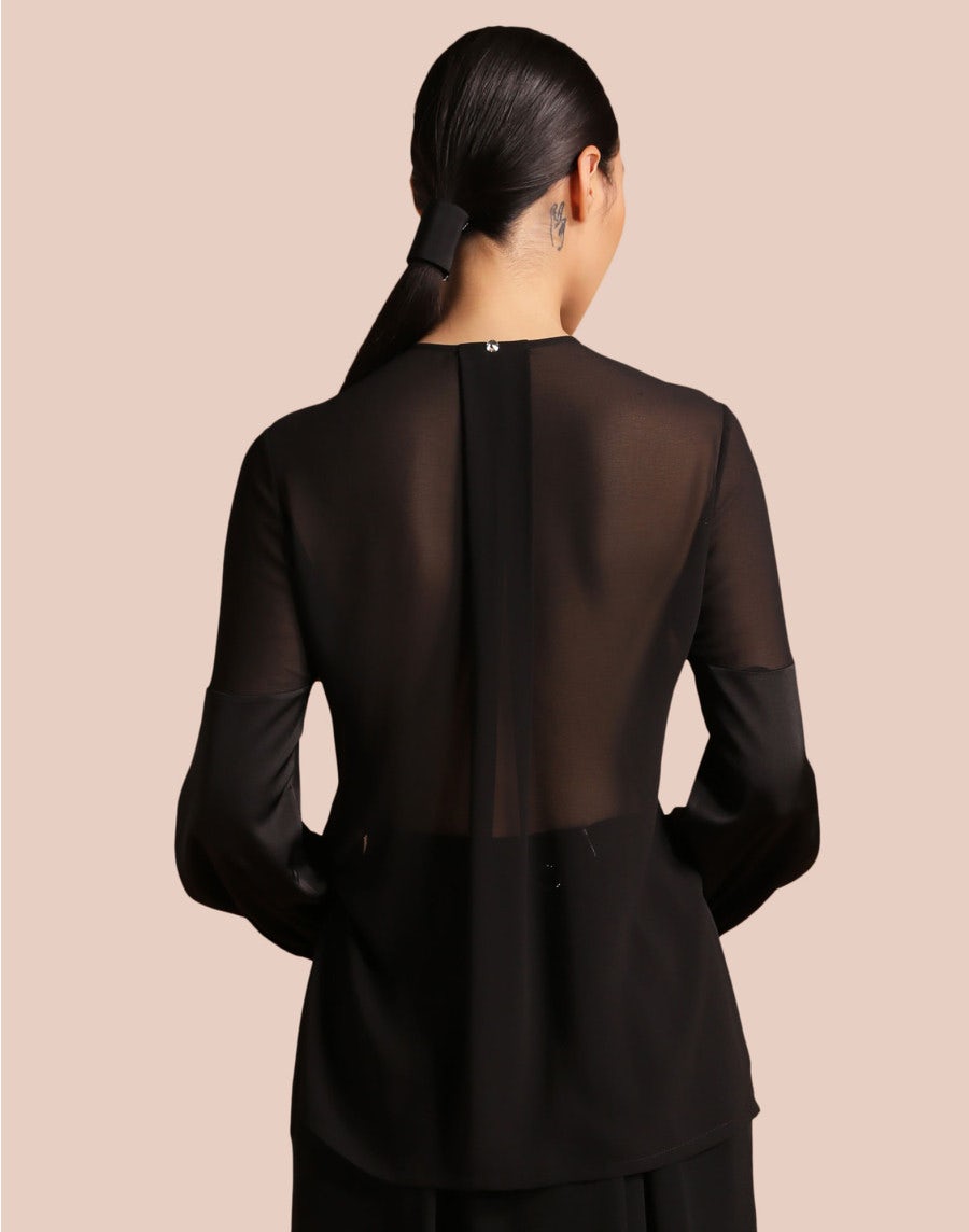 SUPPOSE: Schwarze Bluse aus technischem Satin und transparentem Crêpe