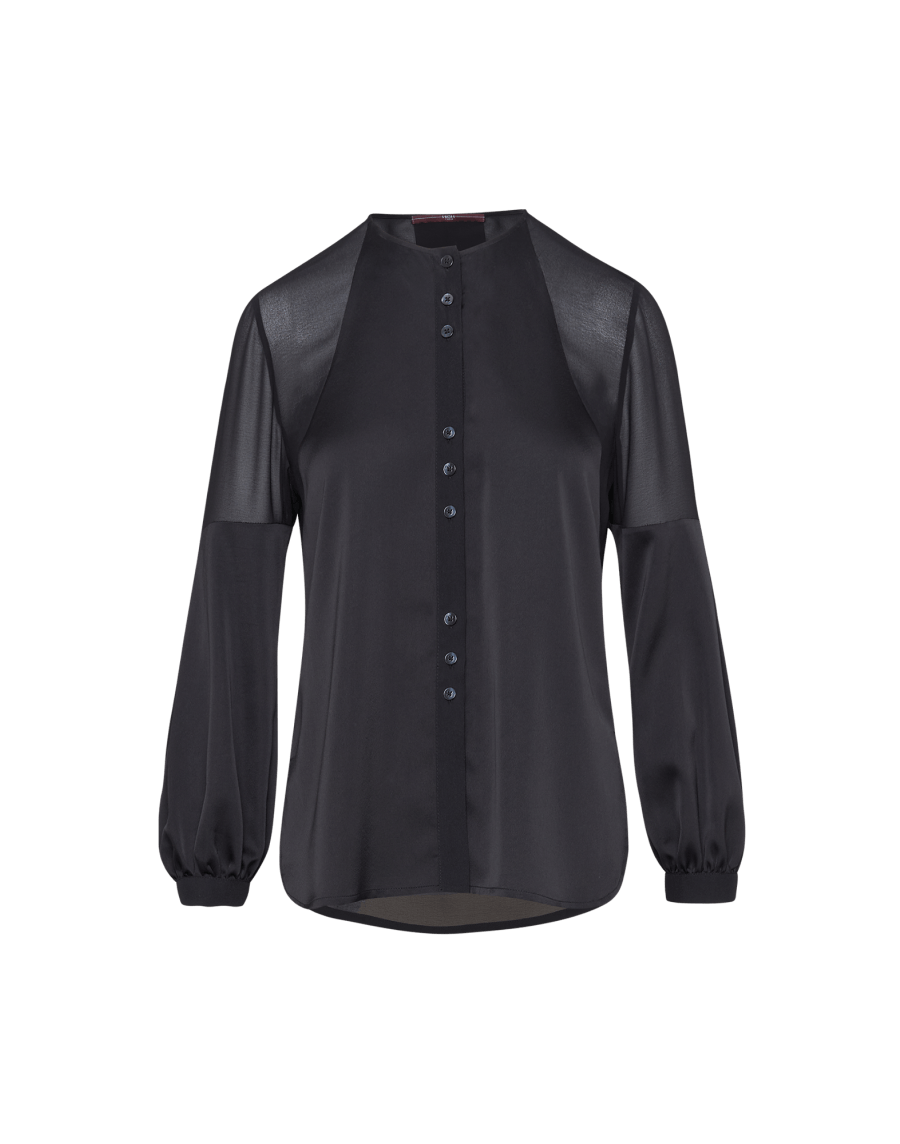 SUPPOSE: Schwarze Bluse aus technischem Satin und transparentem Crêpe