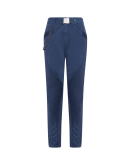 JUSTICE: Tapered pant in mid-blue twill and cotton viscose satin