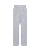 LIKEWISE: Navy and white seersucker pants with side tabs and D-rings