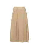 NARRATIVE: Beige A-line skirt with asymmetrical hip yoke and hem