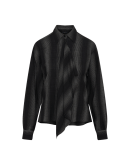 HYMN: Black and grey striped shirt with asymmetrical jabot