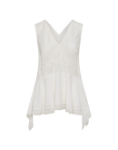INNOCENT: Ivory flare-out top with curlicue embroidery
