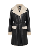ENTICEMENT: Knee length shearling coat in black and cream