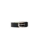 OPPOSITE: Black narrow leather belt faced in ivory