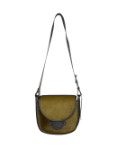 IN PURSUIT OF: Black and moss green saddle bag in hide and ‘Pony skin’