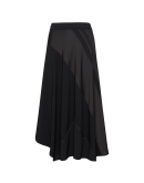 SYNCHRONIZE: Midi flowing skirt in spiralling bands of black crêpe and satin