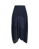 RESONATE: Multi panel skirt in navy tech satin