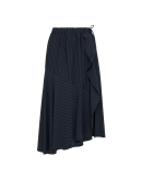 ASYMMETRY: Pull on skirt in navy pinstripe Sensitive® with side ruffle