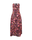 CHARMING: Sleeveless dress in "flower power" orange, burgundy and pink creponne