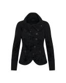 CONQUEST: Black funnel collar jacket with floral flocked print