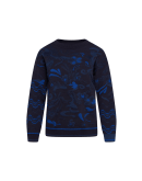 INFLUENCER: Boxy shape sweater in navy, electric blue and mid blue curlicue pattern