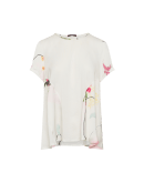 PERFECT: Flare-out top in white jersey and floral printed satin