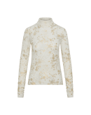 LOGICAL: Ivory turtleneck top in lace jersey with gold floral over-print