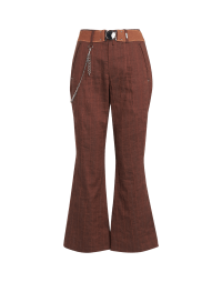LEADER: Flared pants in cinnamon pinstripe wool, linen and cotton