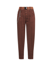 OPEN OUT: Tapered pants in cinnamon pinstripe wool, linen and cotton