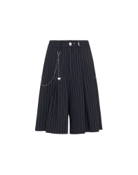 SARCASM: Wide leg shorts in pinstriped navy wool