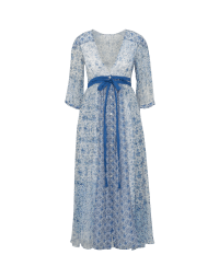 PROMENADE: Blue and white multi-pattern georgette dress