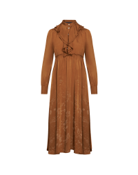 ALCHEMY: Caramel cupro dress with ruffle front and laser floral