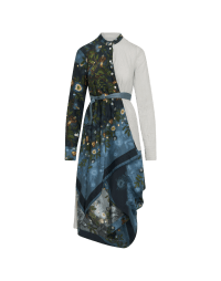 APPLAUSE: Asymmetrical shirt dress in green and blue floral and stripe