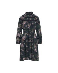 FLUTED: High neck dress in navy ground floral silk