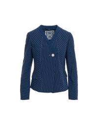 UNDERLINE: Short boxy jacket in mid blue wool pinstripe