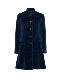 CHEERFUL:  Mandarin collar 3/4 coat in midnight blue velvet