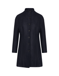 INTRIGUE: Collarless coat in navy wool
