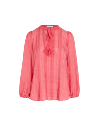 BELLE: Tie neck shirt in fuchsia silk with florets
