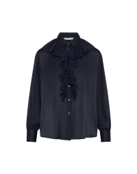 DELIGHTFUL: Ruffle front shirt in navy silk