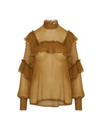 CARNIVAL: Multi ruffle blouse in sheer golden ochre silk creponne
