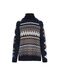 AMUSE: Roll neck sweater in blue, tan and ecru Nordic pattern