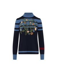 ANALYST: Navy sweater with blue stripes and botanical floral overprint