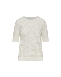 QUIET: Ivory short sleeve sweater with jacquard floral pattern