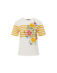 AUREOLE: Cream t-shirt with flock floral and yellow stripe