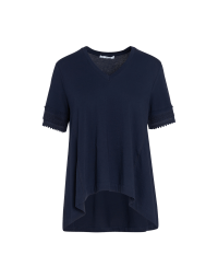 FANFARE: T-shirt in cotone blu navy con maniche bordate in pizzo