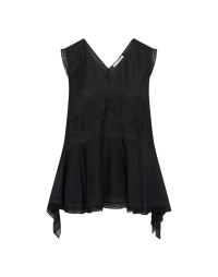 INNOCENT: Black flare-out top with curlicue embroidery