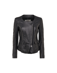 RECOGNITION: Leather biker jacket with rounded neckline