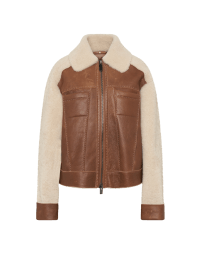 UPRISE: Chestnut short shearling jacket with zip front