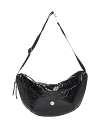 MUCH ADO: Half-moon shoulder bag in soft black ‘patent’ nylon