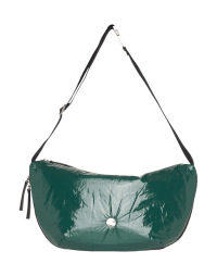 MUCH ADO: Half-moon shoulder bag in soft petrol green ‘patent’ nylon