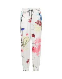 FROLICSOME: Ivory jogger pant in floral printed tech satin
