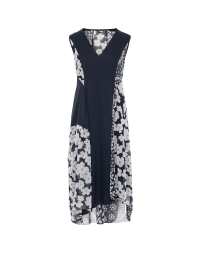 ELITIST: V-neck dress in navy crêpe and navy white floral mesh