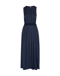 ENDLESS: Full length dress in navy tech satin and georgette