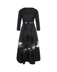 REIMAGINE: Midi length multi-panel dress in tech satin and organza