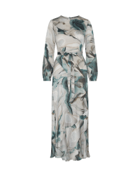 ELATION: Maxi-length dress in grey and blue ‘Agate’ printed creponne